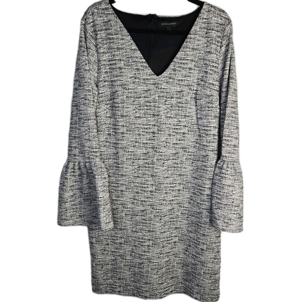 Banana Republic Black White Tweed Lantern Sleeve Dress Large Career Office